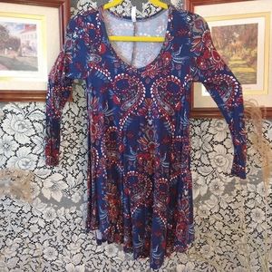 Popana red white blue tunic top babydoll dress Paisley print long sleeve blouse